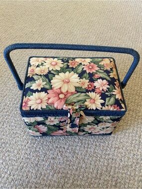 Floral Sewing Basket with Navy Handle, Hook & Loop Closure & Clear Tray.